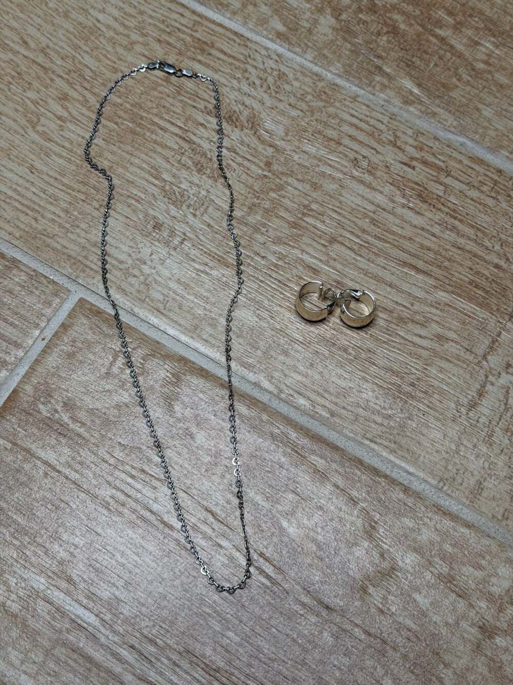 Sterling Silver Heart Link Necklace and Half Hoop Clip On Earrings Set